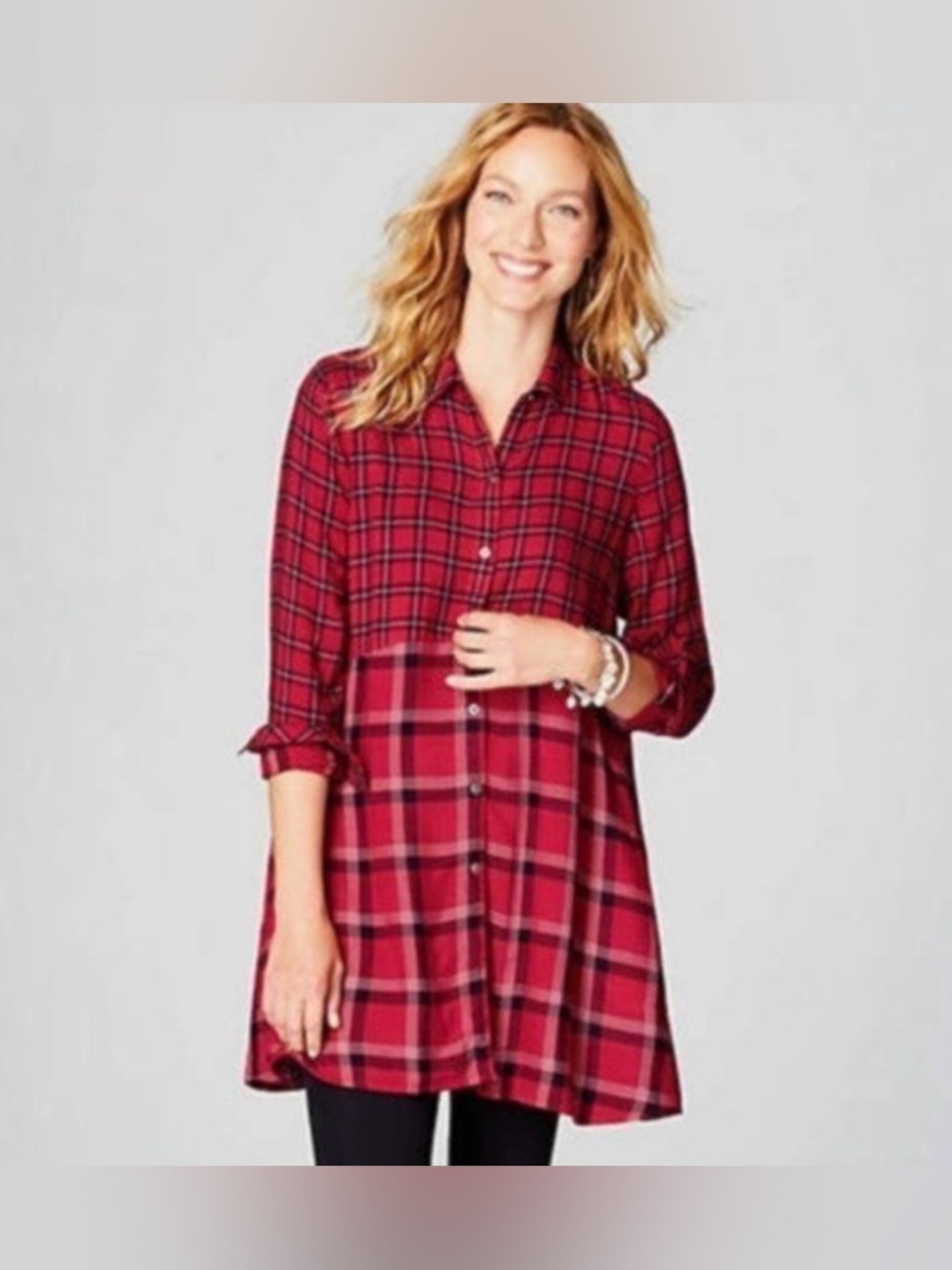 J. Jill Red Plaid Long Sleeve A-Line Tunic Top